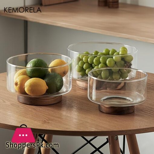 Glass Fruit Bowl Creative Large Salad Bowl Wood Base Snacks Popcorn Nuts Storage Bowls (Large)