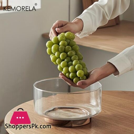 Glass Fruit Bowl Creative Large Salad Bowl Wood Base Snacks Popcorn Nuts Storage Bowls (Medium)