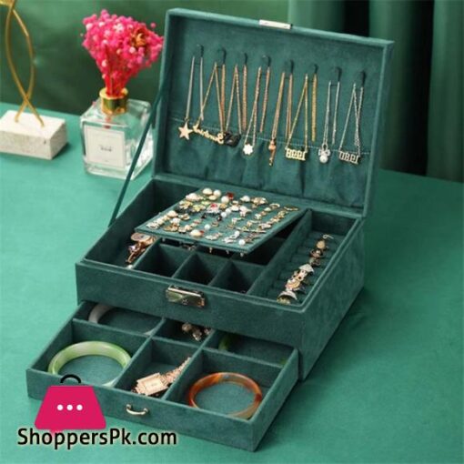 New Jewelry Box Green Stud Organizer Large Ring Necklace Makeup Holder Velvet Jewelry Cases  With Lock For Women Gifts