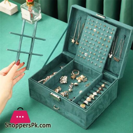 New Jewelry Box Green Stud Organizer Large Ring Necklace Makeup Holder Velvet Jewelry Cases  With Lock For Women Gifts