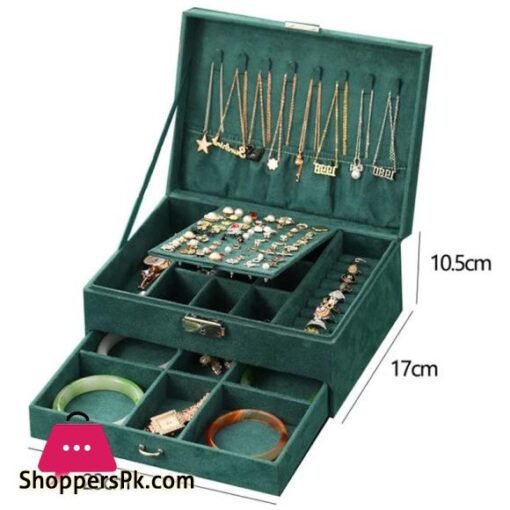 New Jewelry Box Green Stud Organizer Large Ring Necklace Makeup Holder Velvet Jewelry Cases  With Lock For Women Gifts