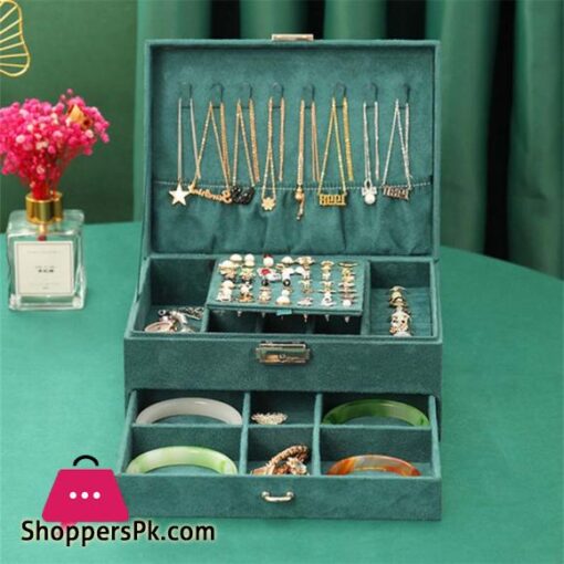 New Jewelry Box Green Stud Organizer Large Ring Necklace Makeup Holder Velvet Jewelry Cases  With Lock For Women Gifts