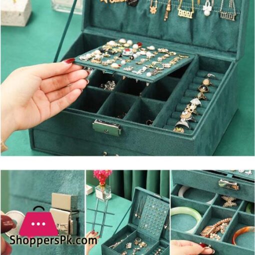 New Jewelry Box Green Stud Organizer Large Ring Necklace Makeup Holder Velvet Jewelry Cases  With Lock For Women Gifts