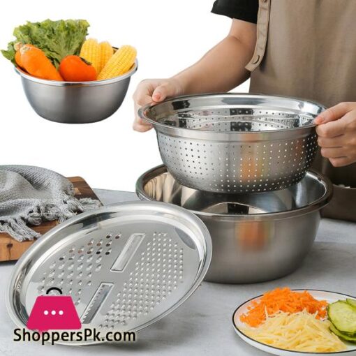 Stainless Steel 3-in-1 Colander Set with Drain Basket and Vegetable Slicer - Premium Kitchen Grater and Food Strainer