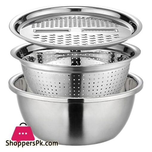 Stainless Steel 3-in-1 Colander Set with Drain Basket and Vegetable Slicer - Premium Kitchen Grater and Food Strainer