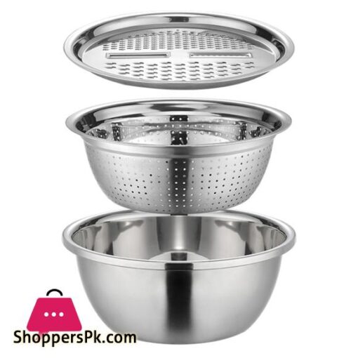 Stainless Steel 3-in-1 Colander Set with Drain Basket and Vegetable Slicer - Premium Kitchen Grater and Food Strainer