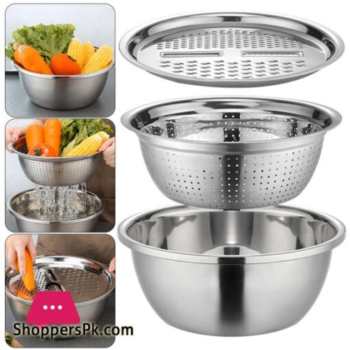 Stainless Steel 3-in-1 Colander Set with Drain Basket and Vegetable Slicer - Premium Kitchen Grater and Food Strainer