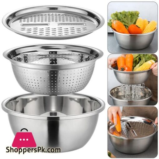 Stainless Steel 3-in-1 Colander Set with Drain Basket and Vegetable Slicer - Premium Kitchen Grater and Food Strainer