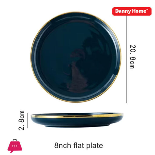 Danny Home Blue Gold Trim Porcelain Flate Plate 8 Inch 20.3 x 3cm