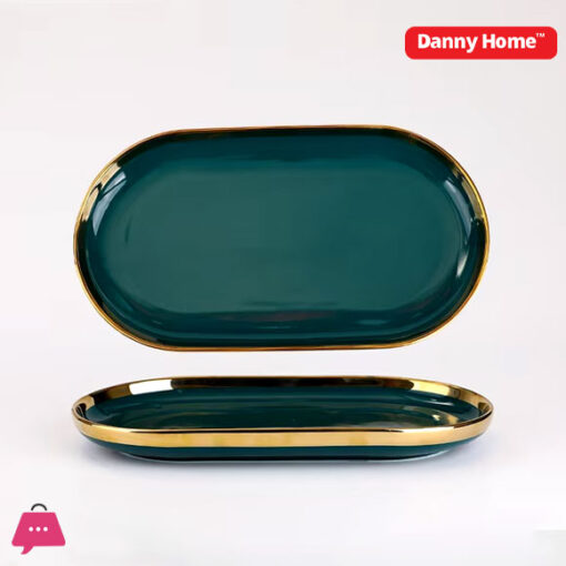 Danny Home Emerald Green Gold Trim 12 Inch Porcelain Oval Plate 30 x 17 x 3cm