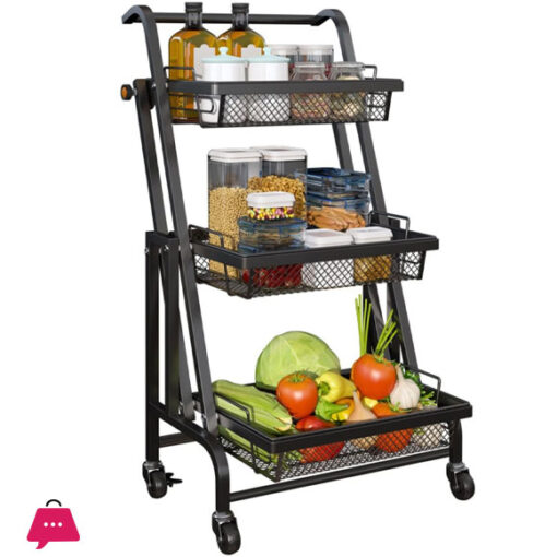 Kitchen Floor Trolley Rack Multifunctional Parallel Folding Vegetable and Fruit Storage Basket 360 Degree Rotation