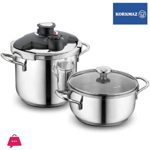 Korkmaz Alia Stainless Steel Casserole and Pressure Pot Set Pressure Cooker with Pressure Settings and Cookware with Glass Lid