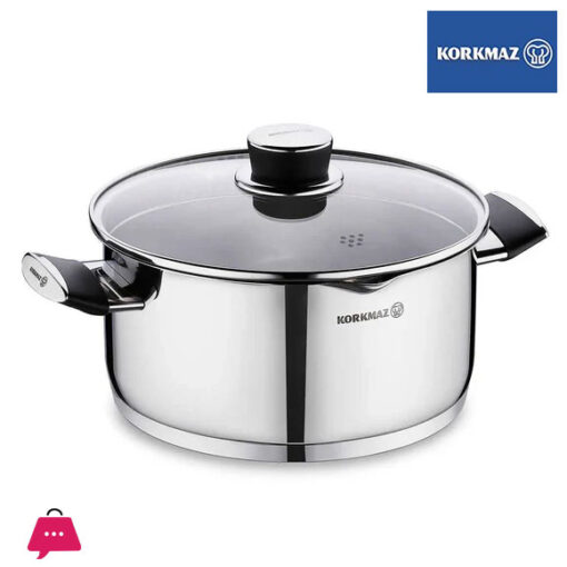 Korkmaz Pera Stainless Steel Cooking Pot with Glass Lid - 24x12cm Induction Compatible