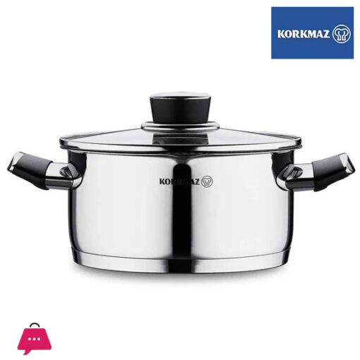 Korkmaz Pera Stainless Steel Cooking Pot with Glass Lid - 24x12cm Induction Compatible