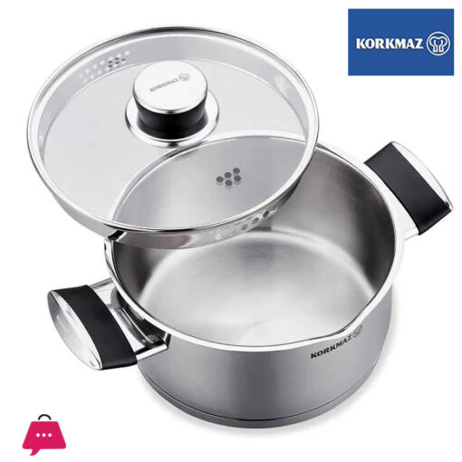 Korkmaz Pera Stainless Steel Cooking Pot with Glass Lid - 24x12cm Induction Compatible