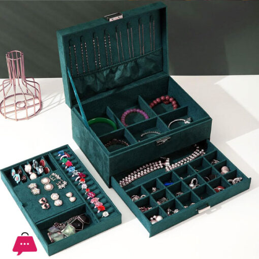 New Jewelry Box Green Stud Organizer Large Ring Necklace Makeup Holder Velvet Jewelry Cases  With Lock For Women Gifts