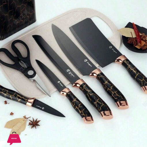 Set Of 7 Sharp Non-Stick Marble Coated Kitchen Knives In One Block