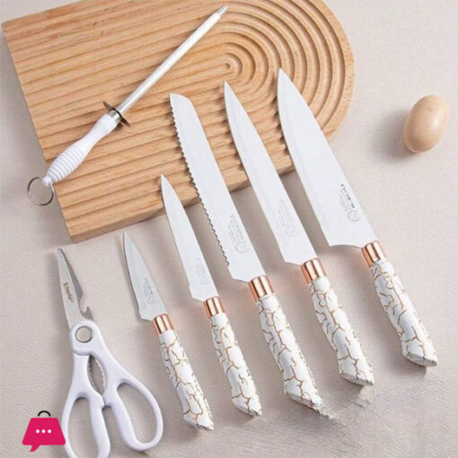 Set Of 7 Sharp Non-Stick Marble Coated Kitchen Knives In One Block