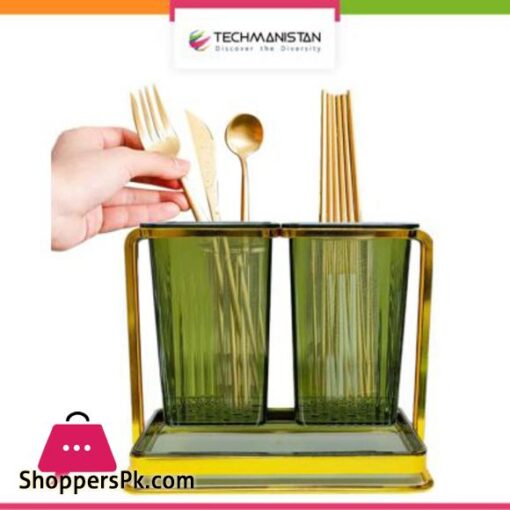 Techmanistan 2 Compartments Square Cutlery Holder Utensil Holder Countertop Kitchen Utensil Organizer Spoon Fork Holder Organizer Cutlery Caddy Drying Rack 2 Green Cups with Gold Iron Frame Cooking Utensil Crock Chic