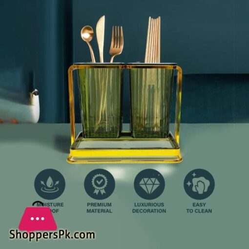 Techmanistan 2 Compartments Square Cutlery Holder Utensil Holder Countertop Kitchen Utensil Organizer Spoon Fork Holder Organizer Cutlery Caddy Drying Rack 2 Green Cups with Gold Iron Frame Cooking Utensil Crock Chic