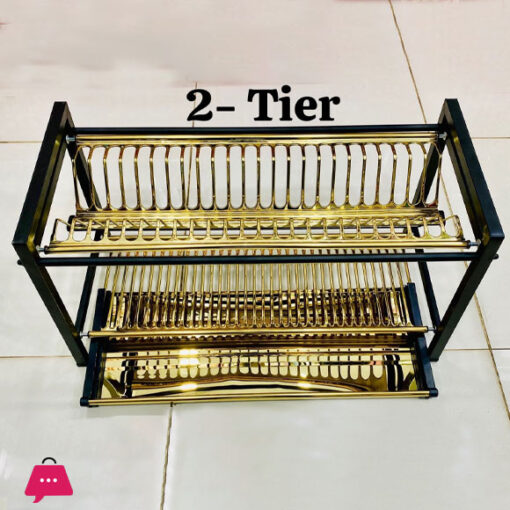 2-TIER PURE STAINLESS STEEL NON MAGNETIC DISH AND PLATES RACK GOLDEN