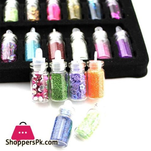 24 Bottles Nail Glitter Set with Rhinestones, Pearls and Mother of Pearl Flakes for DIY Nail Manicure