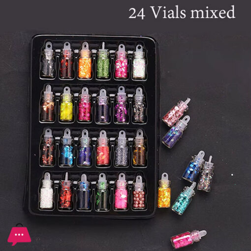 24 Bottles Nail Glitter Set with Rhinestones, Pearls and Mother of Pearl Flakes for DIY Nail Manicure