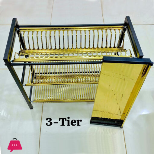 3-TIER PURE STAINLESS STEEL NON MAGNETIC DISH AND PLATES RACK GOLDEN