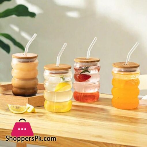 Creative Glass Cup with Lid Straw Heat-resistant Wave Cup Beer Juice Ice Coffee Cups Cocktail Fruit Glass Drinkware - 1PCS