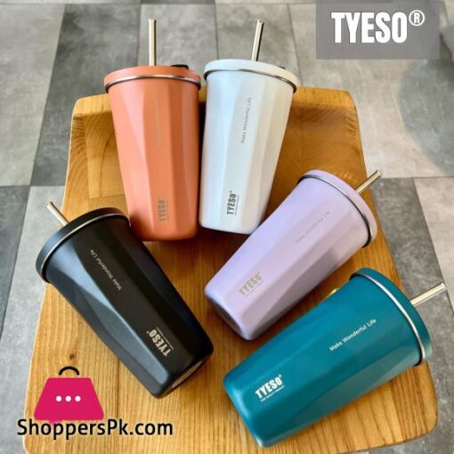 Tyeso Vacuum Insulated Coffee Cup with Straw Thermos Mug Leak-Proof 600ml