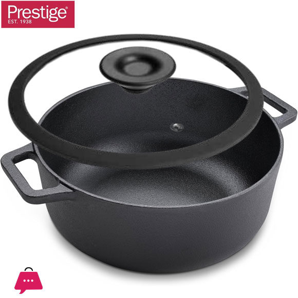 Prestige Cast Iron Casserole 24 CM Induction with Glass Lid Biryani Pot with Heavy Bottom Cast Iron Cookware - 48897