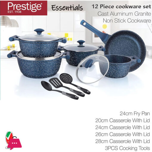 Prestige Essentials Granite 12 Piece Non-Stick Cookware sets Induction Base Blue - 80966