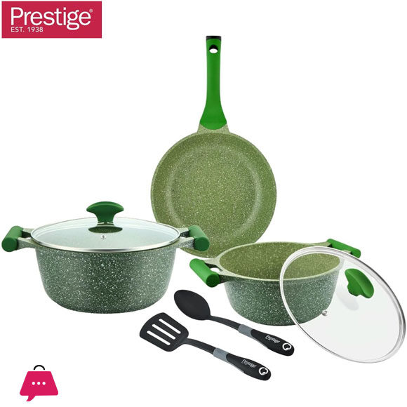 Prestige Essentials Granite 7 Piece Non-Stick Cast Aluminium Cookware sets Induction Base - Green - 80960