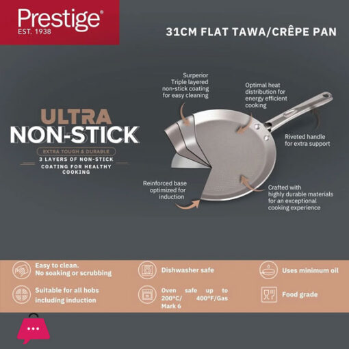 Prestige Ultra Non Stick Flat Tawa Induction-Based Tawa for Roti and Dosa Triple Layered Non-Stick Coated 31cm