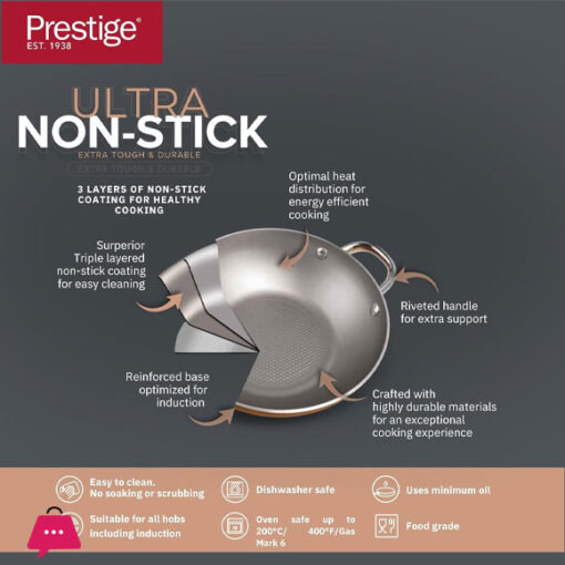 Prestige Ultra Non Stick Kadai with Glass Lid and Induction-Based Triple Layered Non-Stick Coated Wok - 28CM