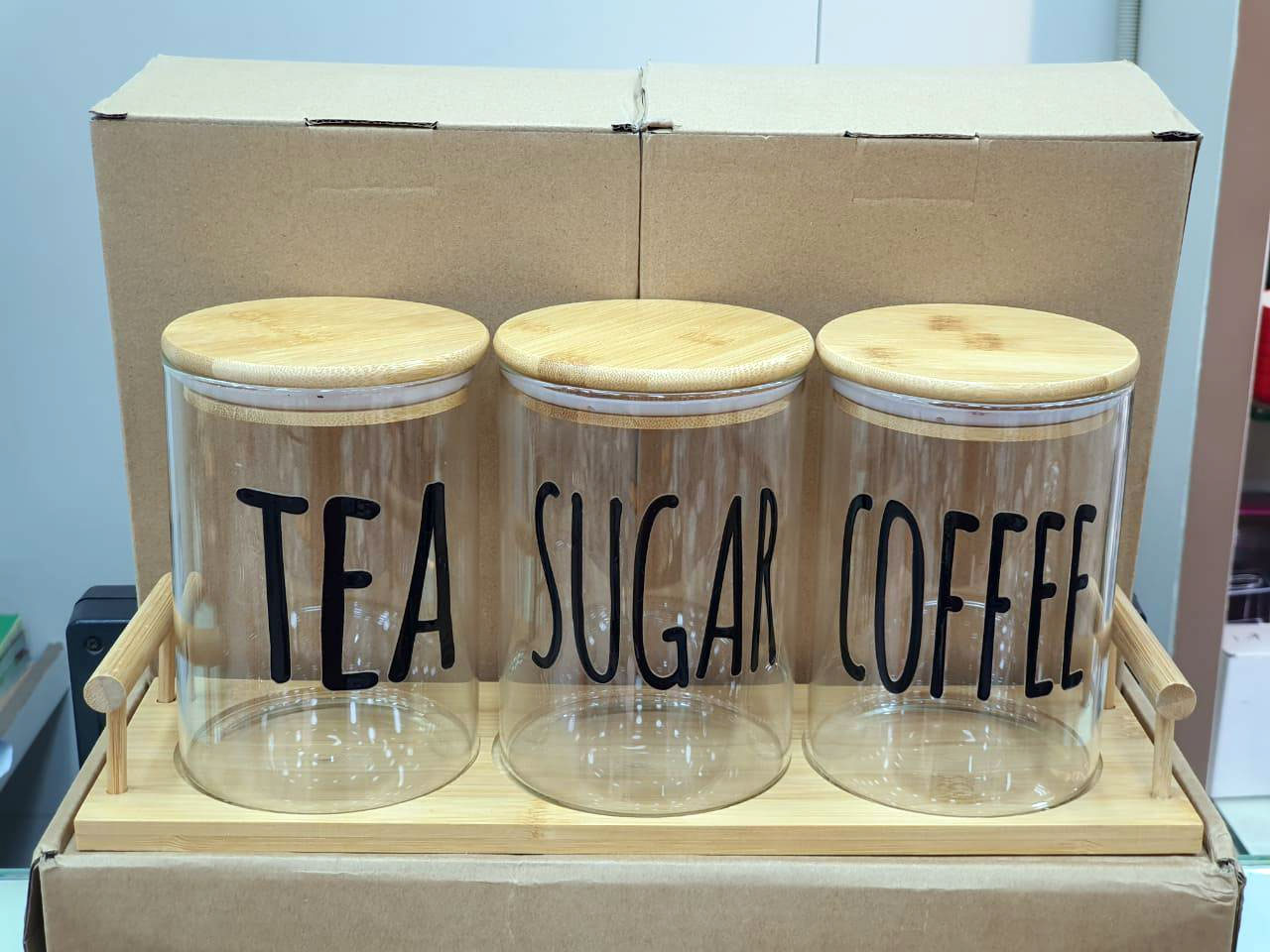 3-Piece Glass Jar with Bamboo Lid Tea Coffee Sugar