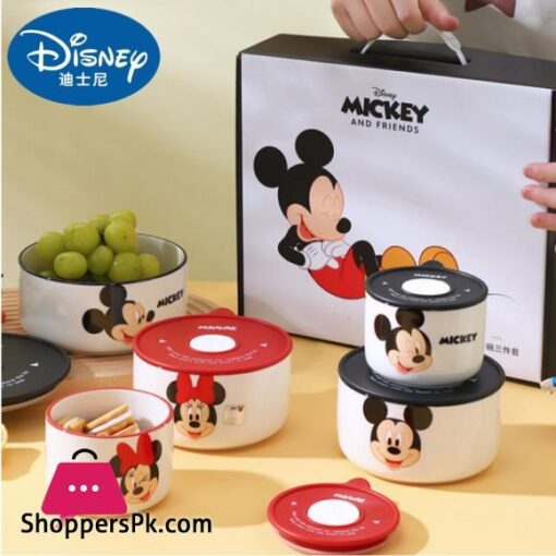 Disney Ceramic Bowl With Lid Microwave Oven Bowl 3 Pcs Student Thicken Lunch Box