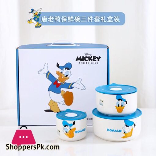 Disney Ceramic Bowl With Lid Microwave Oven Bowl 3 Pcs Student Thicken Lunch Box - Image 2