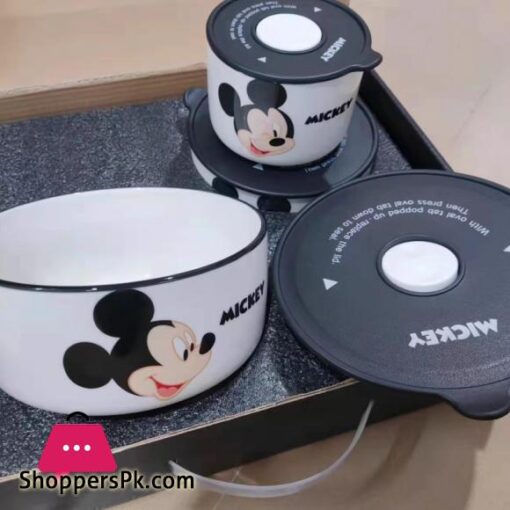 Disney Ceramic Bowl With Lid Microwave Oven Bowl 3 Pcs Student Thicken Lunch Box - Image 4