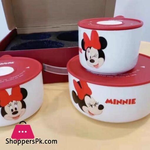 Disney Ceramic Bowl With Lid Microwave Oven Bowl 3 Pcs Student Thicken Lunch Box - Image 5