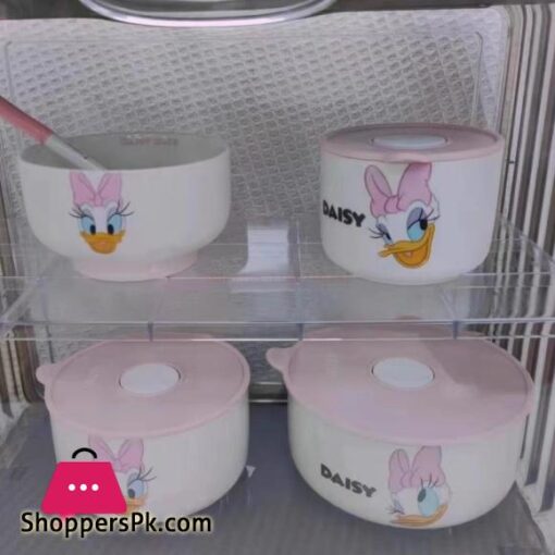 Disney Ceramic Bowl With Lid Microwave Oven Bowl 3 Pcs Student Thicken Lunch Box - Image 6