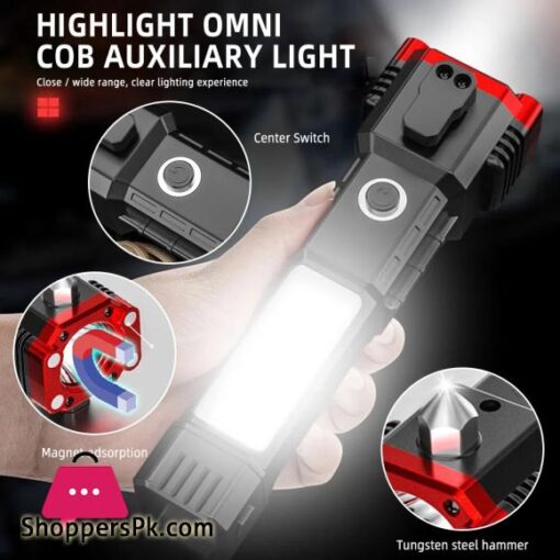 USB Charging Super Bright LED Flashlight with Safety Hammer Side Light Torch Light Portable Lantern Outdoor Adventure Lighting