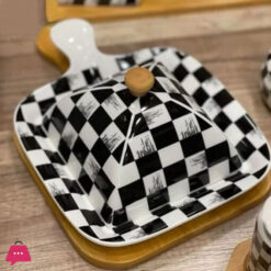 Ceramic Checkered Serving Dish With Bamboo Liner