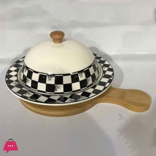 Ceramic Checkered Serving Dish With Bamboo Liner