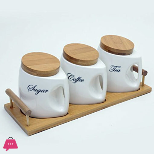 Ceramic Tea Coffee and Sugar Canister Set with Bamboo Base