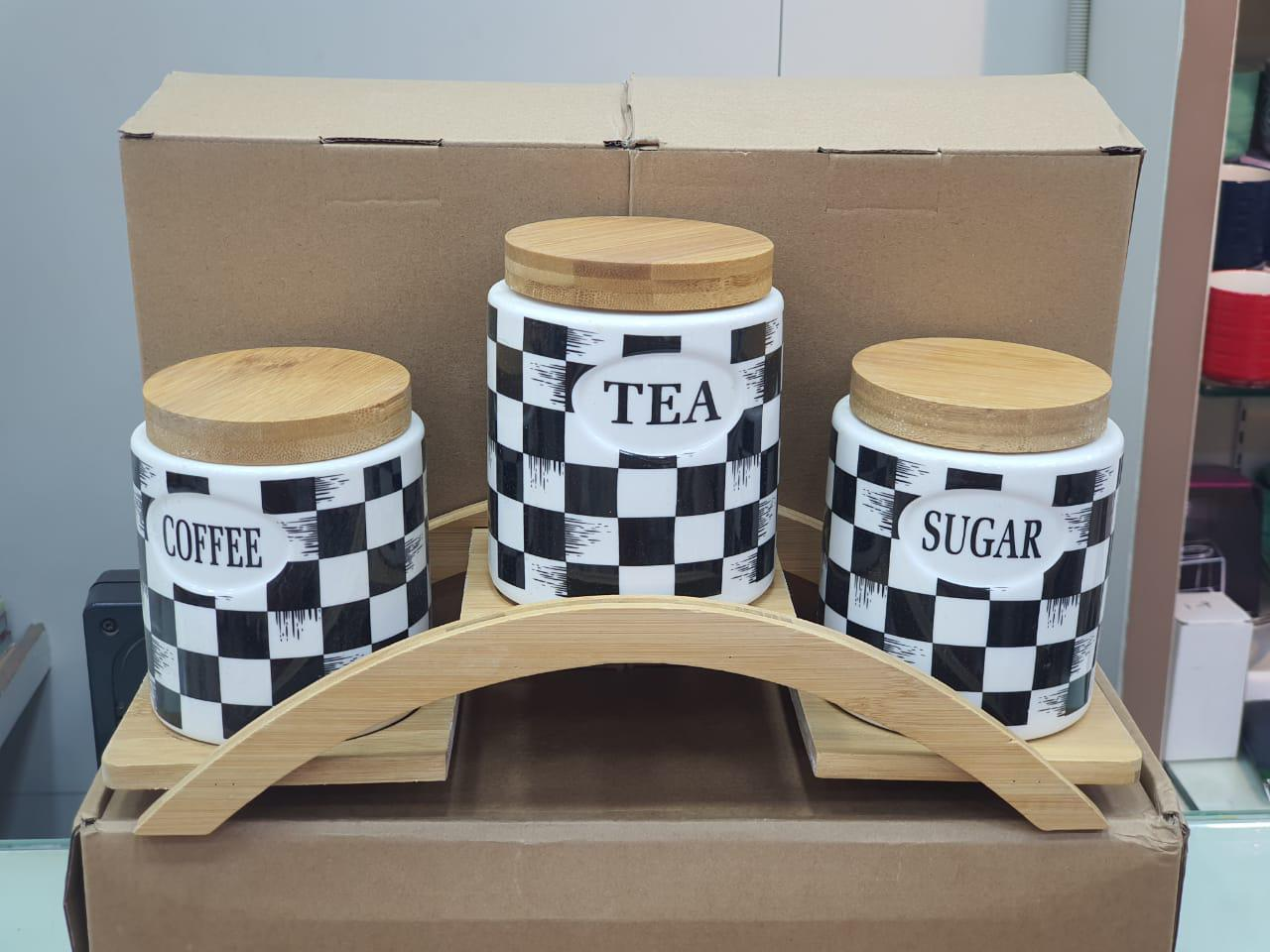 Ceramic Vintage Tea Coffee Sugar 3 Canisters Set with Wooden Stand Tray