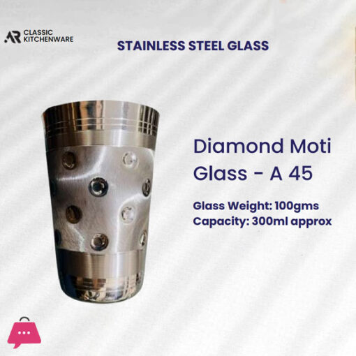 Classic Kitchenware Indian Stainless Steel Diamond Moti Glass Indian 300ML 1-Pcs