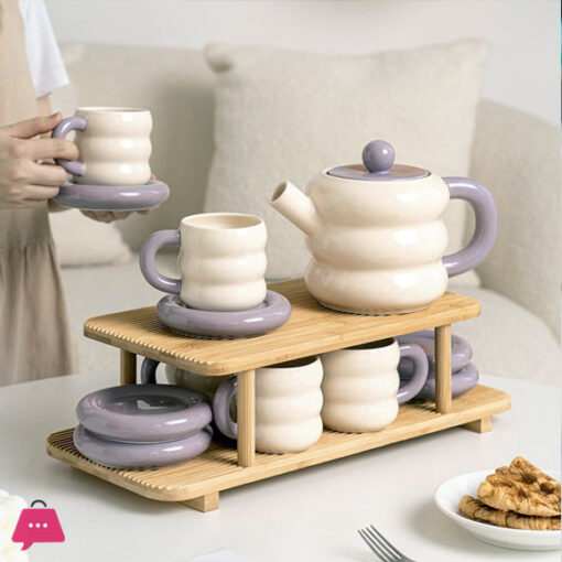 Dounts Porcelain Tea Set on a Wooden Stand 16-Piece - Image 2