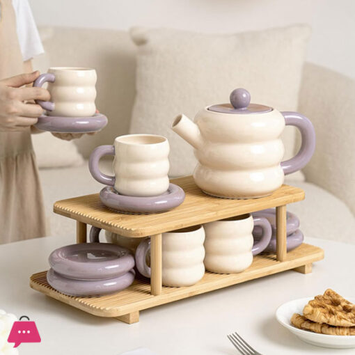 Dounts Porcelain Tea Set on a Wooden Stand 16-Piece - Image 3