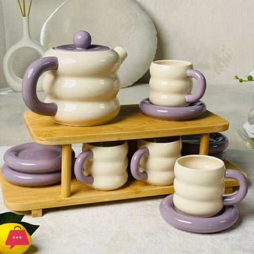 Dounts Porcelain Tea Set on a Wooden Stand 16-Piece - Image 6